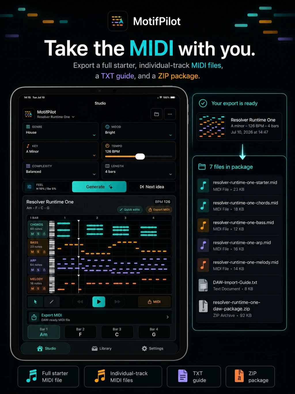 MotifPilot export on iPad showing a combined starter MIDI, active-track MIDI files, TXT guide, and ZIP package.