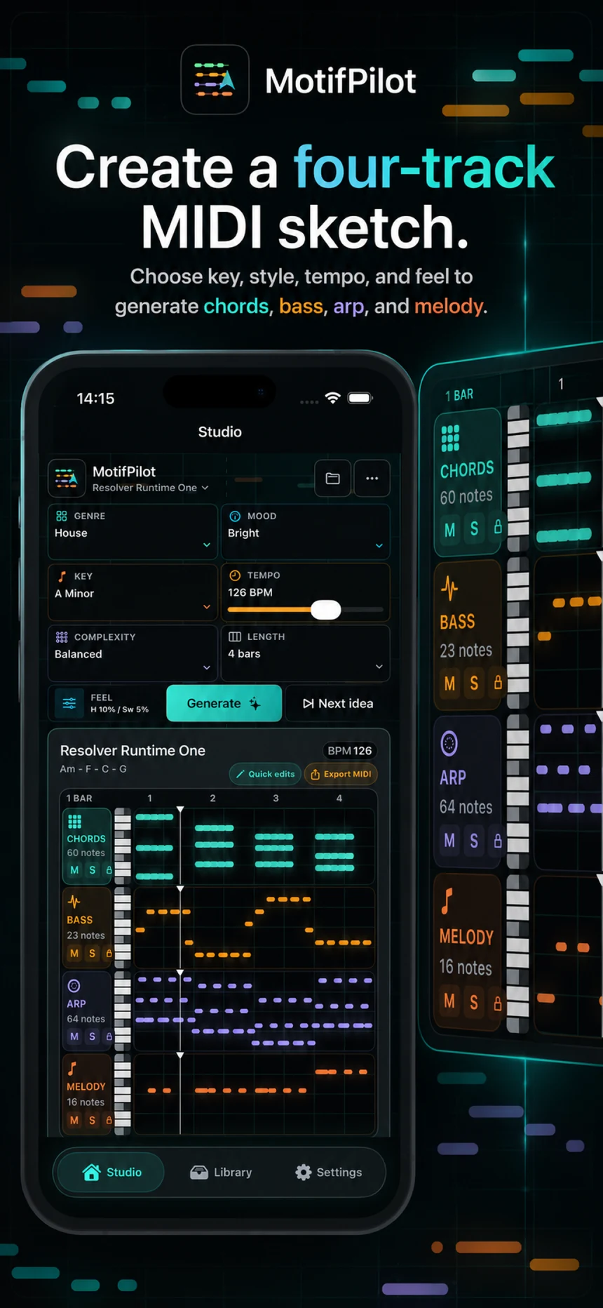 MotifPilot Studio on iPhone showing style, key, tempo, Next idea, and four MIDI tracks.