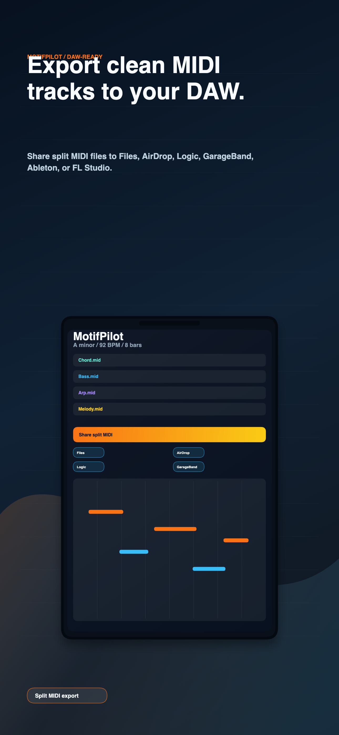 MotifPilot export flow for sharing generated MIDI files.