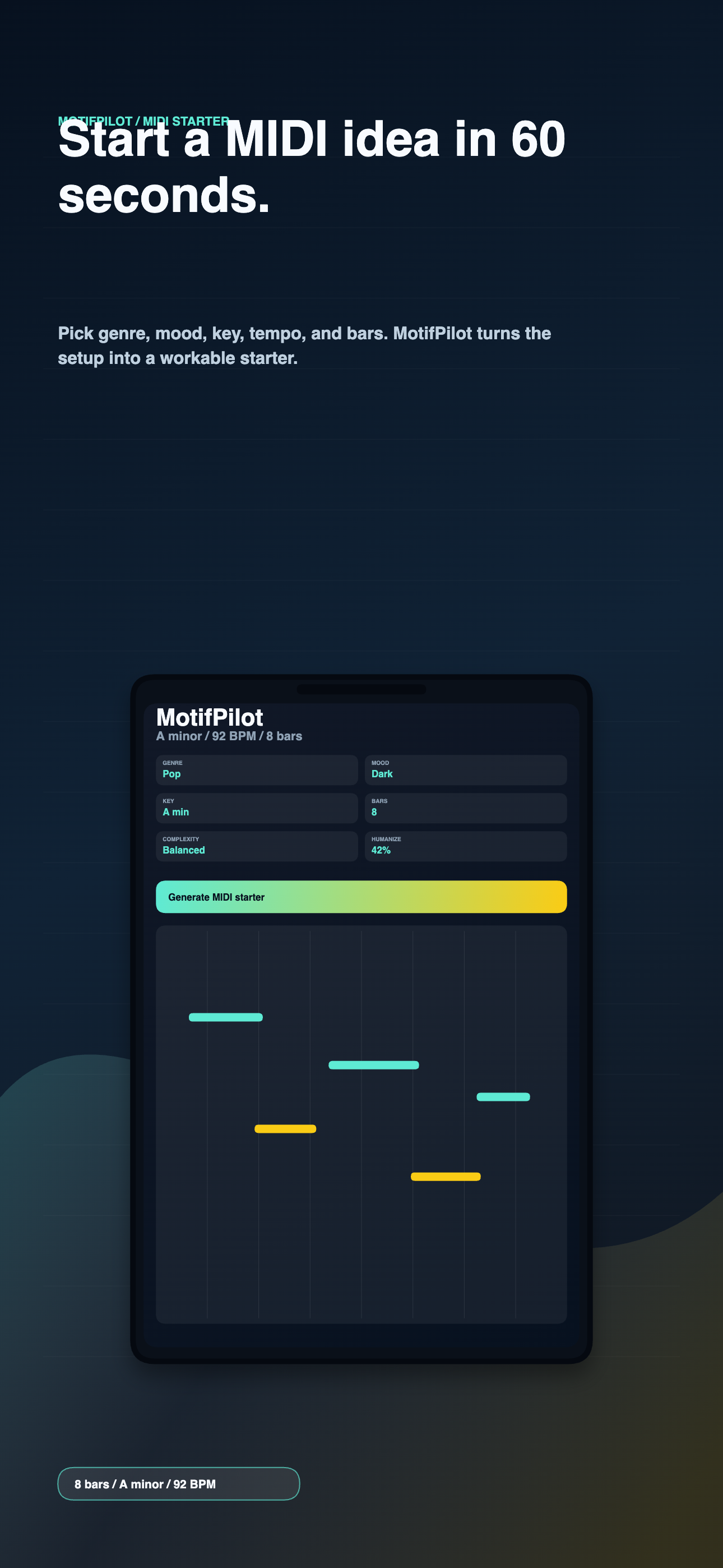 MotifPilot iPhone screen for generating a MIDI starter from genre, mood, key, bars, and humanize controls.