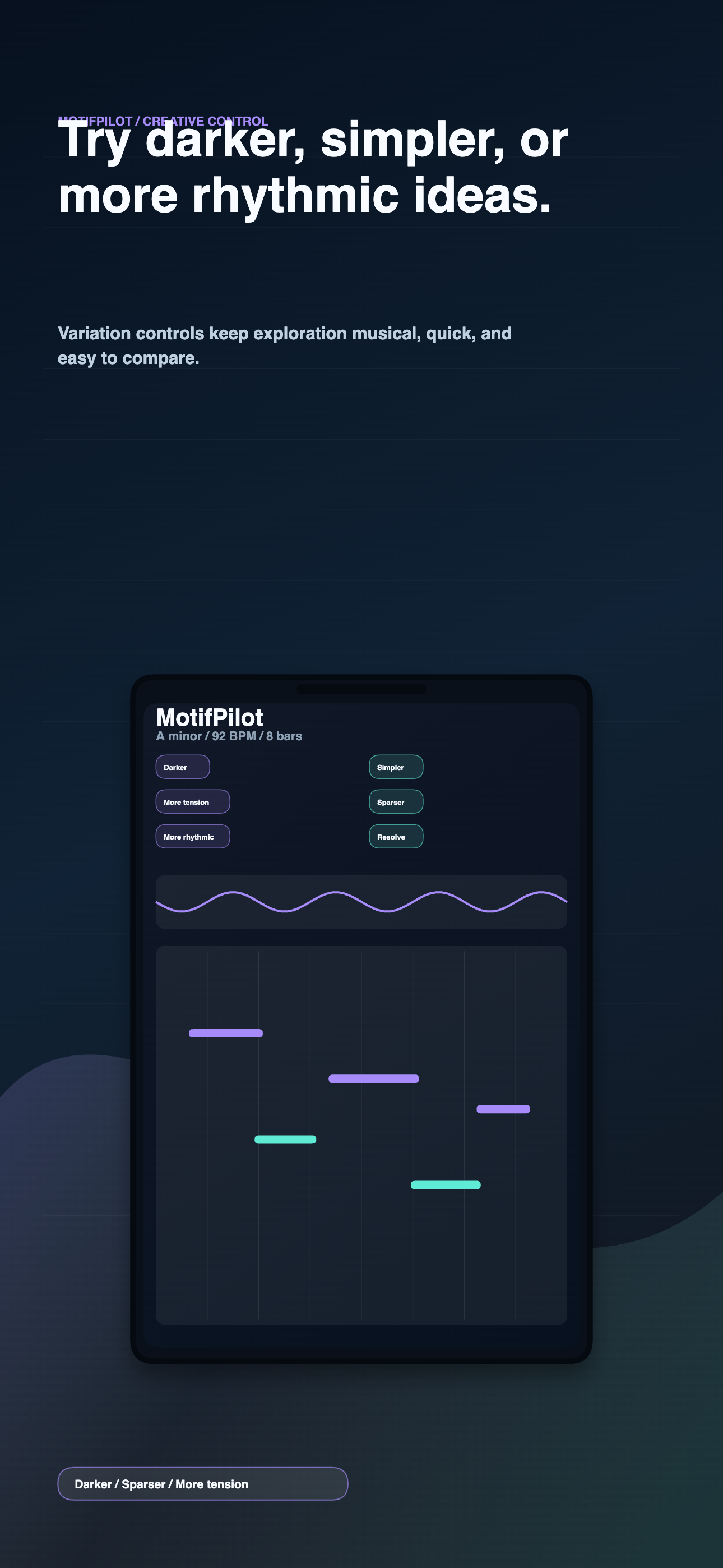 MotifPilot variation controls for changing a MIDI starter.