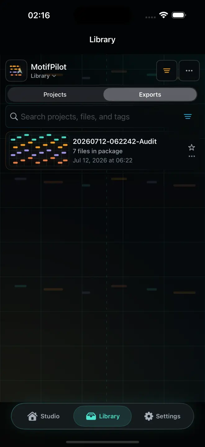 A real MotifPilot iPhone simulator capture showing a local export record with seven files in its package.