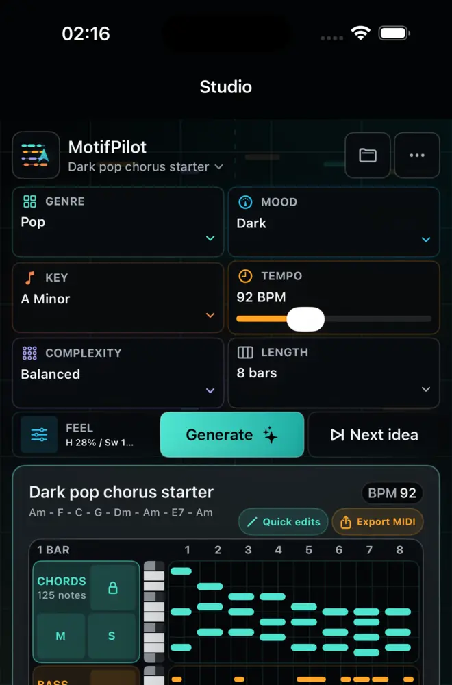 A real MotifPilot simulator capture showing the Studio controls, Next idea, Quick edits, and generated MIDI lanes.