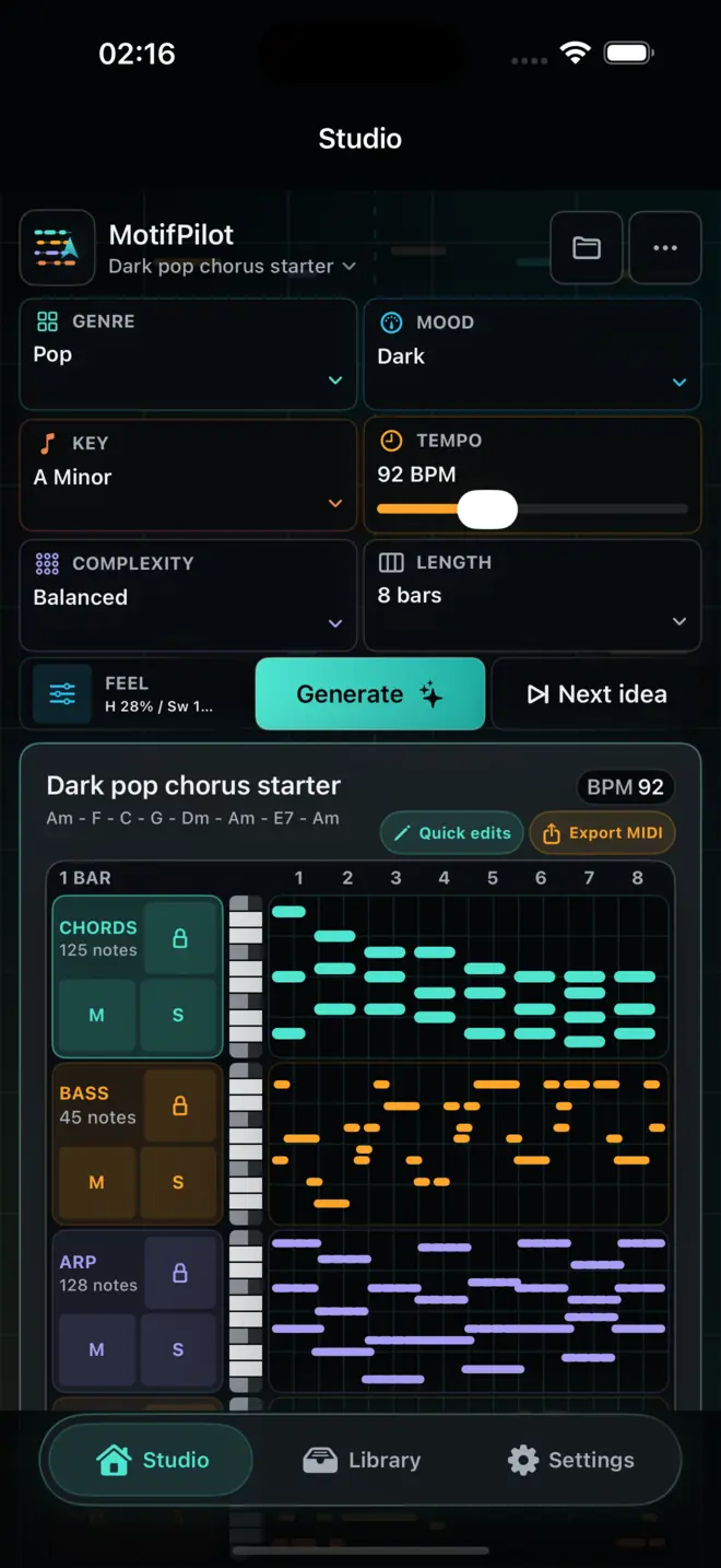 A real MotifPilot iPhone simulator capture showing Studio controls, Next idea, and generated MIDI tracks.