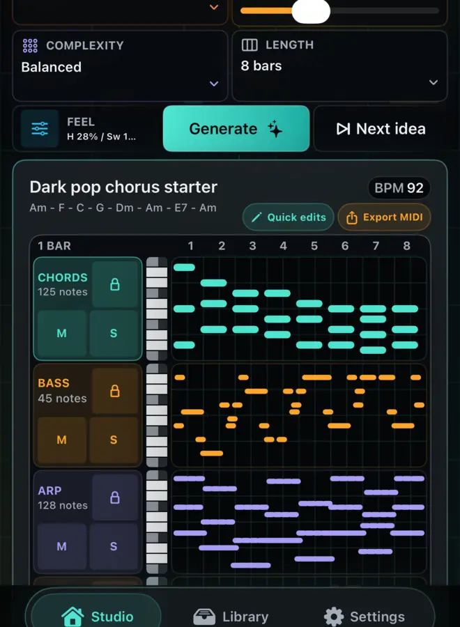 A real MotifPilot simulator capture showing generated chord, bass, and arp lanes, with the melody lane continuing below the visible area.
